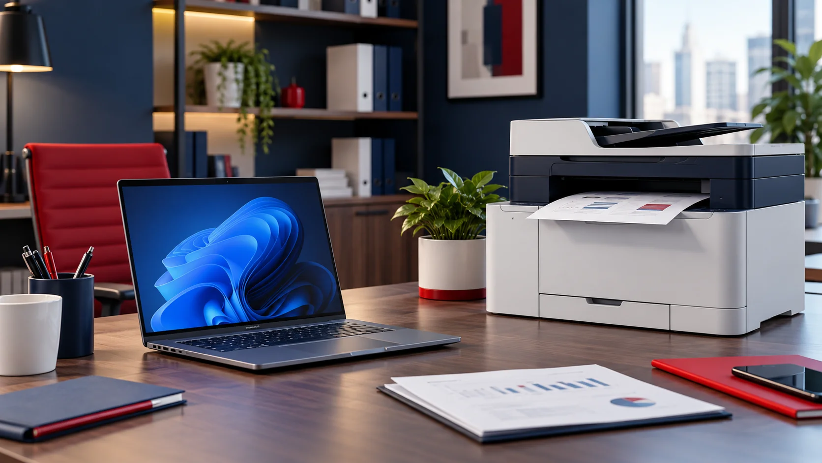 Illustrative workplace technology scene for ij.start.canon Setup Guide: Install & Connect Your Canon Printer