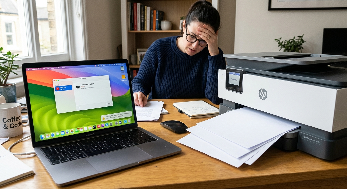 Frustrated woman printer offline Mac